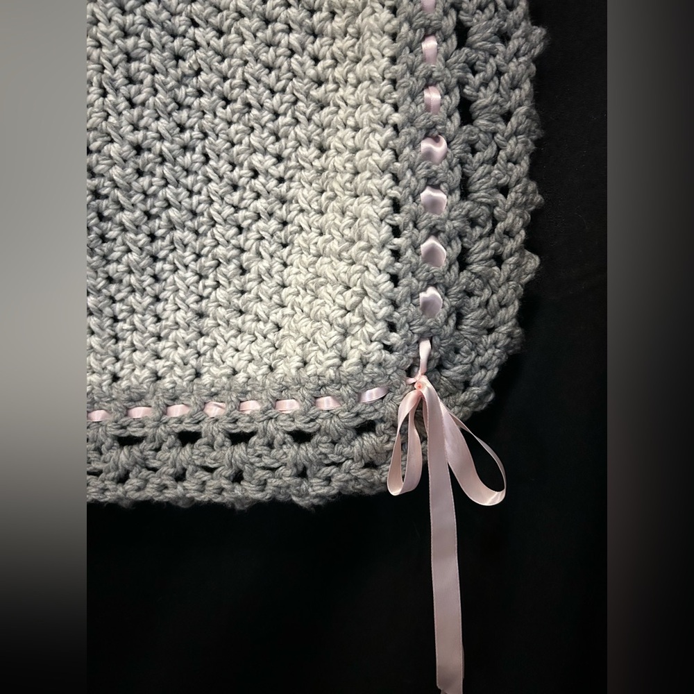Crochet Throw Blanket 41x38” Baby Girl Gray Pink Ribbon Handmade Throw